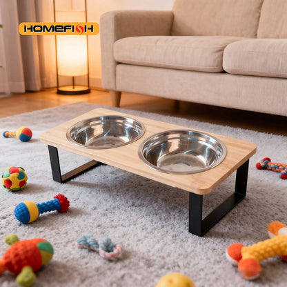 Elevated Cat Bowl Pet Feeder 15° Tilted Raised Cat Food Bowl with Wooden Base Includes 2 Stainless Steel Bowls Suitable for Cats