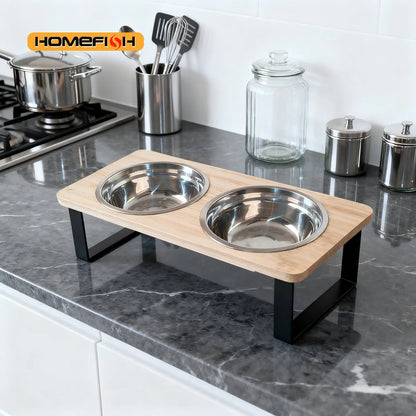 Elevated Cat Bowl Pet Feeder 15° Tilted Raised Cat Food Bowl with Wooden Base Includes 2 Stainless Steel Bowls Suitable for Cats